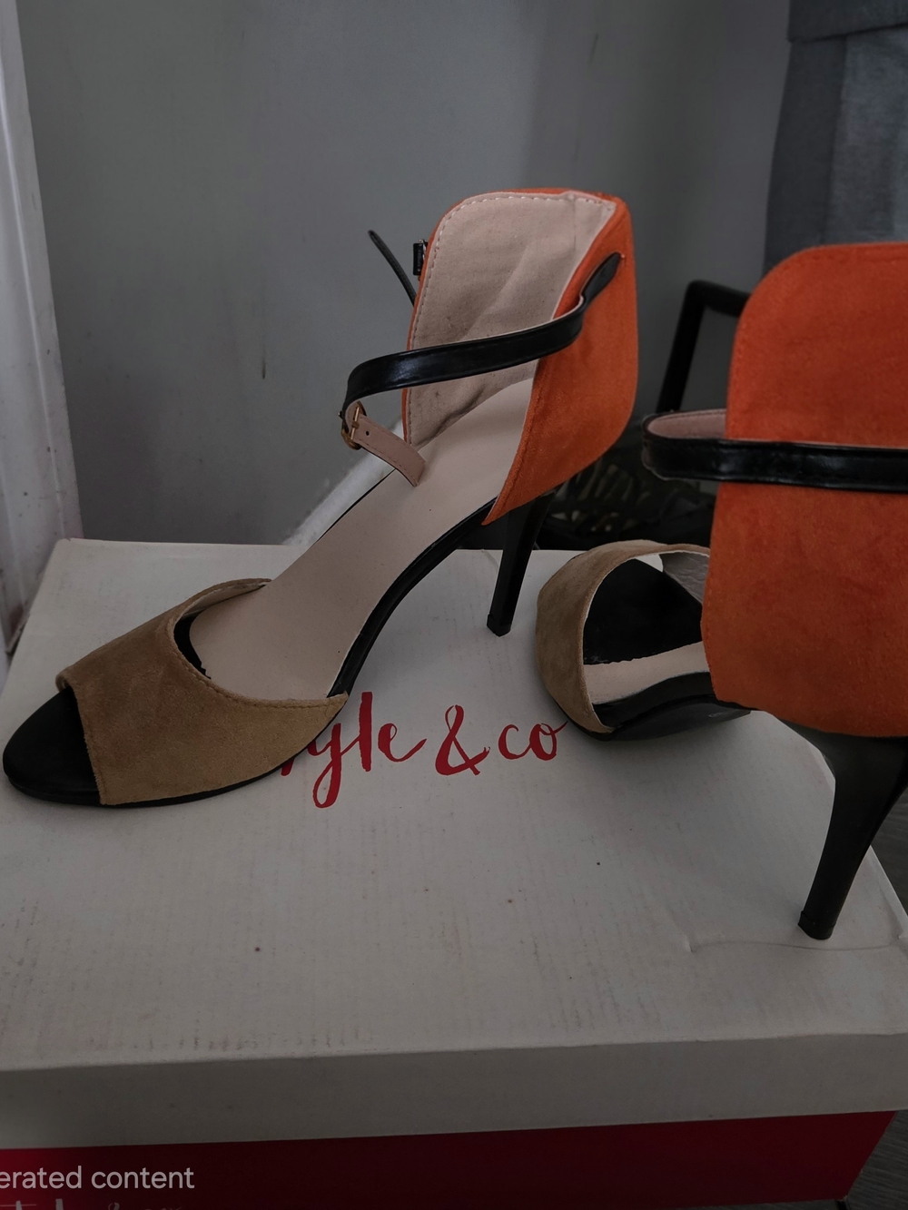 Two-Tone Suede Pointed-Toe Ankle-Strap Heels in Orange and Brown